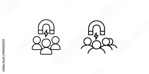 Customer attraction icon showing a horseshoe magnet attracting a group of people symbolizing lead generation and customer acquisition