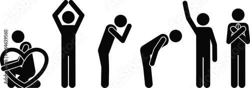 Vector Set of Stick Figure People Showing Love Heart Shape Gratitude Bowing Prayer and Emotional Gestures for Kindness Peace Hope and Human Connection Illustration
