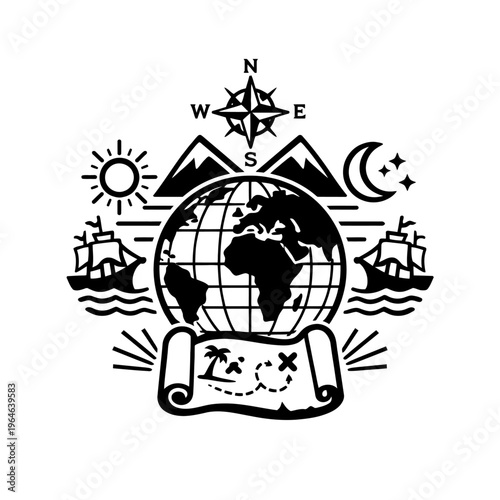 A detailed monochrome emblem portraying the essence of global adventure and exploration, centered around an Earth globe, encircled by majestic mountains and a navigational compass rose. It features vi