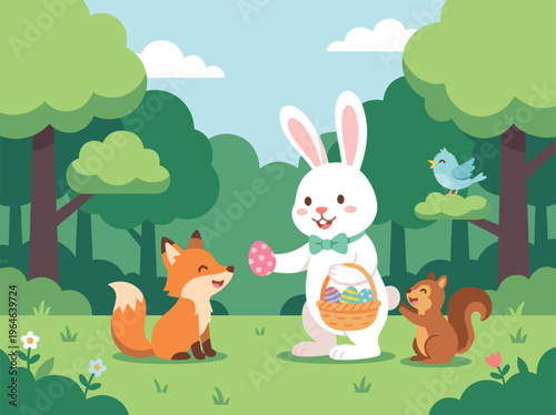 Easter Bunny with Fox and Squirrel in Forest.