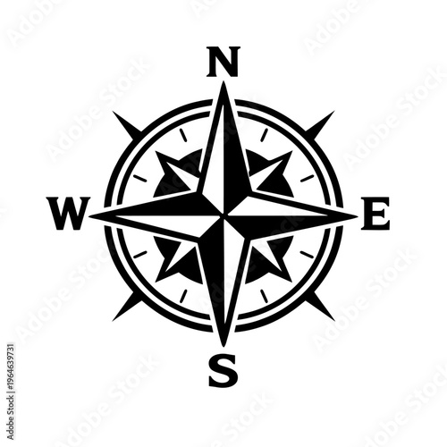 Detailed Black and White Compass Rose Vector Graphic with Cardinal Directions N, S, E, W, Perfect for Navigation, Guidance, Travel, Exploration, and Adventure Themes. An Iconic Maritime Symbol on a Cl