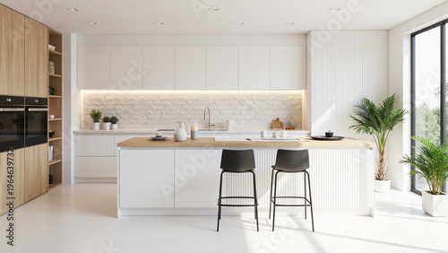 Modern minimal kitchen interior with island, white cabinets and natural light, Scandinavian design