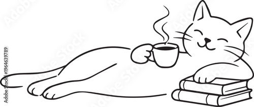 Cute Relaxing Cat Line Art, Minimalist Cozy Cat Illustration with Coffee and Books, Simple Monoline Vector, Aesthetic Animal Outline Drawing