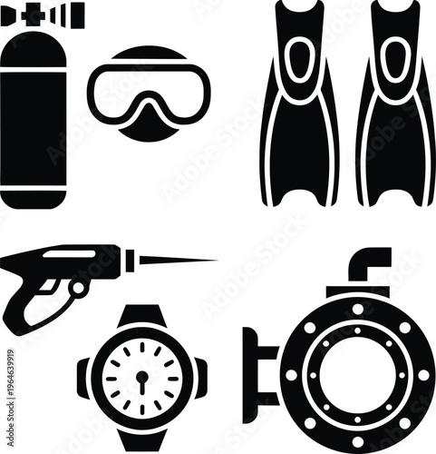 Scuba diving equipment in black and white with oxygen tank