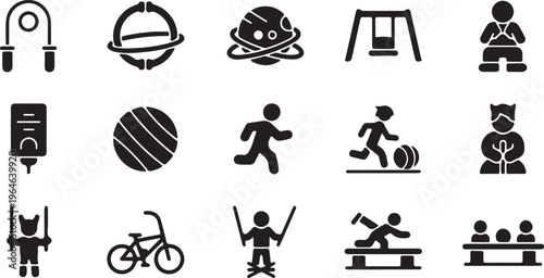 Minimalist playground and outdoor activity icons, 15 black vector elements for park recreation, children playing and sports equipment set isolated PNG with Transparent Background