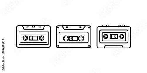 Set of three audio cassette tape icons, black and white vector illustration for retro music, vintage sound recording, and entertainment