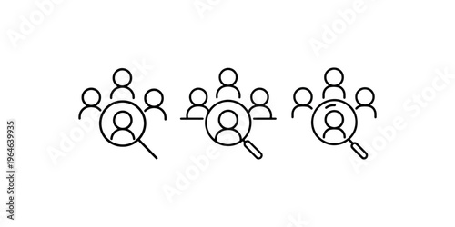 Set of three user search icons, black and white vector illustration for human resources, recruitment, and finding target audience