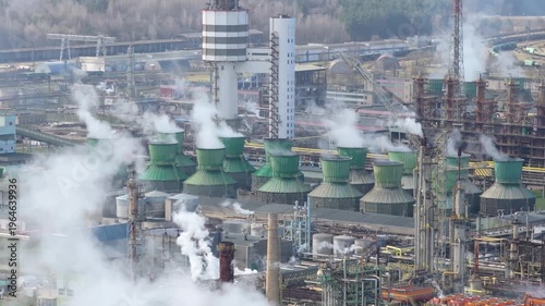 Fertilizer industrial factory producing smoke, aerial view