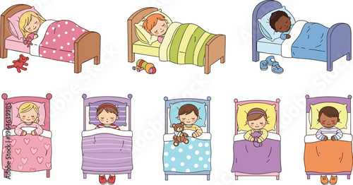 Sleeping Kids Vector Set with Children in Bed, Cozy Bedroom Scenes, Cute Baby Sleep Illustrations and Night Routine Collection