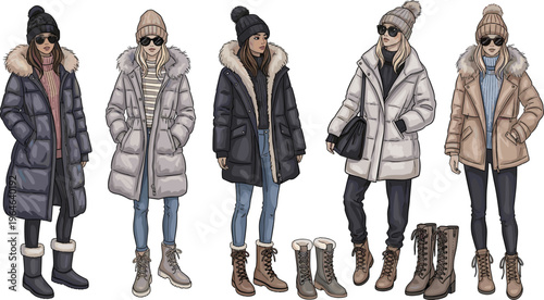 Winter Outerwear Fashion with Puffer Coats, Boots, and Knit Hats for Stylish Cold Weather Outfits
