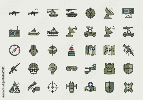 Military and Tactical Equipment Icon Set: Army Weapons, Defense Vehicles, and War Gear Vector Collection