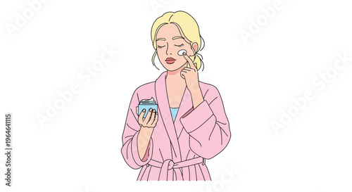 Woman in pink robe applying blue cream on face in soft pastel lighting for skincare advertising