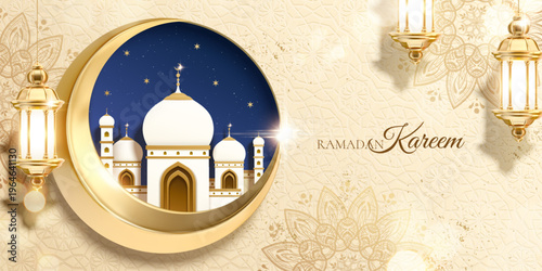 3d Islamic holiday celebration banner designed with metal crescent moon and paper cut mosque. Background suitable for Ramadan, Eid al-Fitr or Hari Raya.