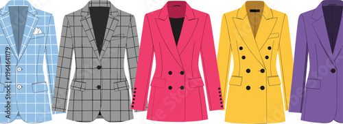Set of stylish blazers and jackets in different colors isolated on white background fashion clothing vector illustration collection