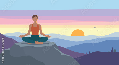 Woman sitting in lotus pose meditating on a mountain rock enjoying a peaceful sunrise surrounded by beautiful nature and colorful morning sky for mental wellbeing.