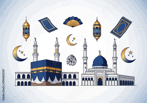 Islamic Decorative Element Set Featuring Kaaba, Mosque, Lanterns, Prayer Rugs, and Crescent Moons for Ramadan, Eid Al-Fitr, Hajj, and Umrah Design
