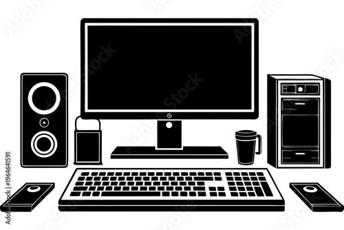 Computer workstation arranged on white studio background