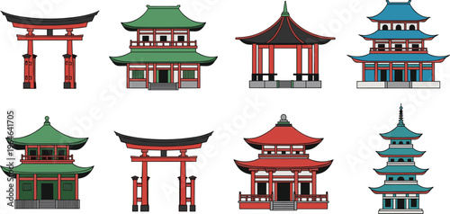 Set of traditional Asian temples pagodas and torii gates isolated on white background cultural architecture vector illustration collection