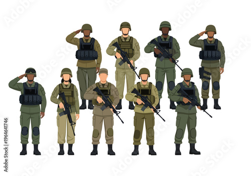 Group of Diverse Military Soldiers and Army Personnel Illustration, Diverse Armed Forces Team in Uniform with Rifles and Saluting, Vector Character Set Isolated on White