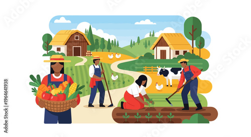 Sustainable Farm Life: Diverse Farmers Working Together, Harvesting and Planting Crops, Tending Livestock in Bountiful Rural Landscape Illustration