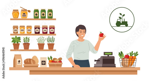 Local Organic Grocery Store Illustration with Smiling Shopkeeper, Fresh Produce, Honey, Jams, and Herbs. Farm-to-Table Concept.