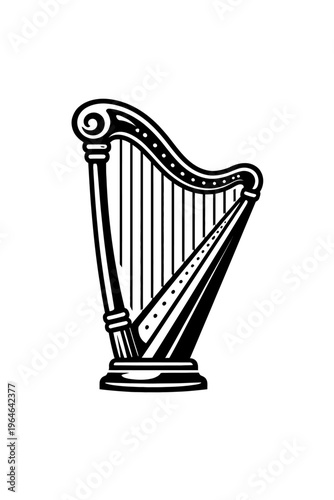 Elegant Black & White Stylized Harp Vector Illustration. A timeless, classic musical instrument icon perfect for Celtic, Irish, folk, orchestral themes. Ideal graphic design, logo, clip art, web, merc