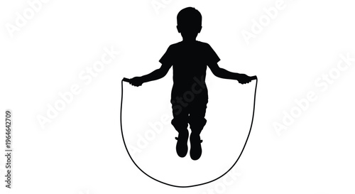 Minimalist vector graphic design showing a child's silhouette enthusiastically jumping rope for exercise.