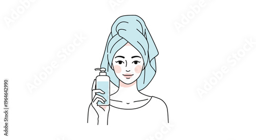Woman with blue towel on head holding skincare bottle in minimalist line art for beauty product advertising