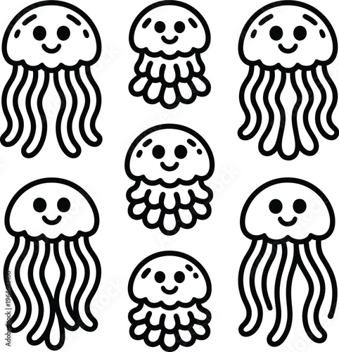 A jellyfish icon set with smiling faces and cartoon style