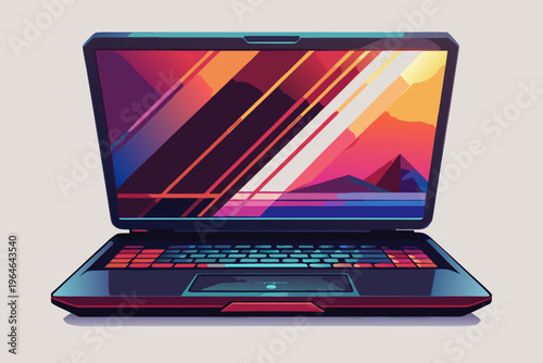 Gaming laptop with colorful display positioned on surface