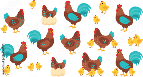 Chicken and Rooster Vector Set with Hens, Chicks and Eggs in Farm Animal Scenes for Agriculture, Poultry, Rural Life and Cute Illustration Design