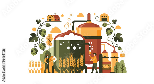 Brewery Process Illustration: Craft Beer Production with Hops, Wheat & Brewers