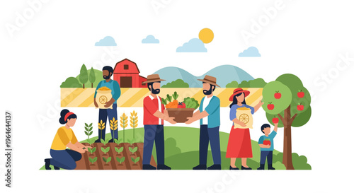 Diverse Community Engaged in Sustainable Farming and Harvest: Planting, Gathering Crops & Fresh Produce