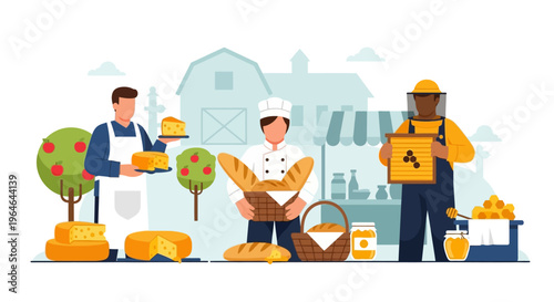 Artisanal Food Producers: Cheesemaker, Baker, Beekeeper Offering Fresh Farm-to-Table Products at Local Market