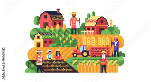 Vibrant Farm Life: Diverse Farmers Harvest Corn, Wheat & Grains with Tractor. Sustainable Agriculture Illustration.