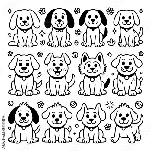 Dog cartoon illustration set with various breeds and playful designs