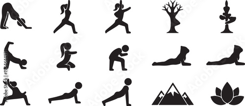Yoga poses silhouette icons set, 15 black vector elements for wellness and fitness, lotus flower and mountain symbols for meditation branding isolated PNG with Transparent Background