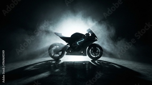 Motorcycle Sportbike Silhouette in Dramatic Smoke and Futuristic Blue Light