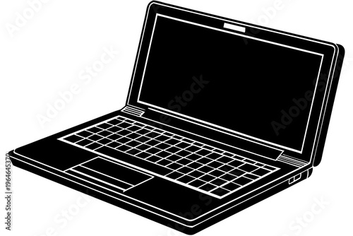 Laptop computer with blank screen open on flat surface