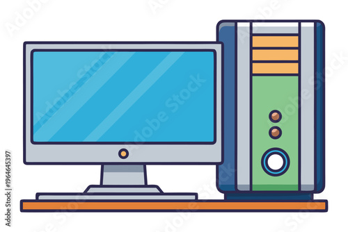 Desktop computer monitor and tower displayed on desk surface