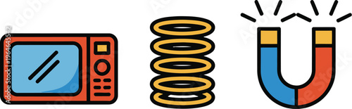 A colorful illustration of a magnet attracting a television with a spring