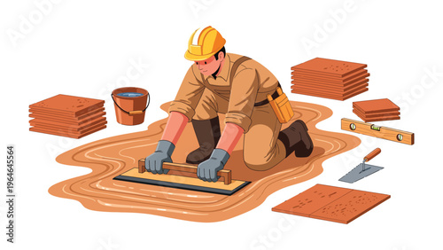 Tiling Craftsmanship: A skilled craftsman expertly laying tiles, showcasing precision and dedication to the art of flooring.