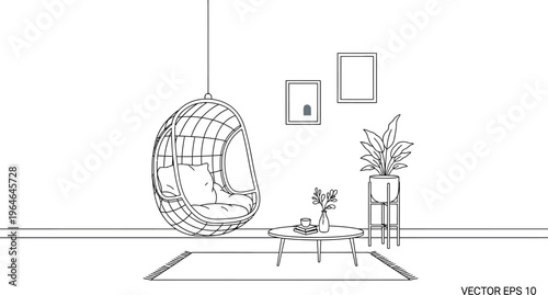 Minimalist black and white line art illustration of a modern indoor living space featuring a hanging wicker chair and decor.