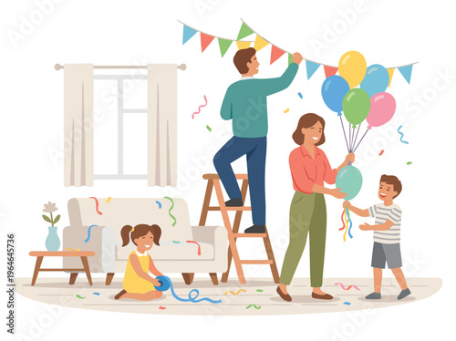 Family Decorating for a Birthday Party Celebration.