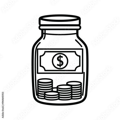 A piggy bank jar filled with coins and a dollar sign symbol on a paper, representing savings and financial growth