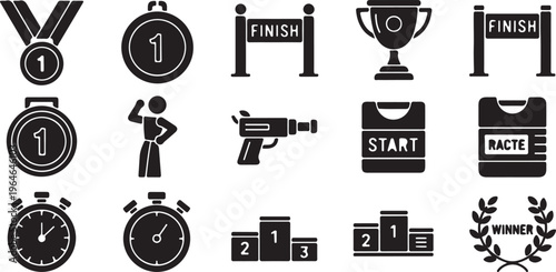 Running and marathon competition icons, 15 black solid vector elements for sports racing, winner medals and trophy symbols for athletic events isolated PNG with Transparent Background