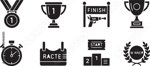 Minimalist sports competition icons set, black solid winner trophy and medal vector, racing championship awards and marathon finish line symbols isolated PNG with Transparent Background