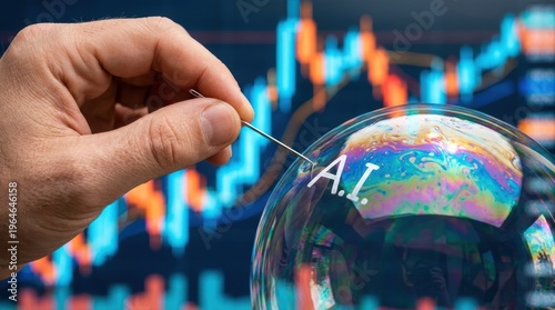 A hand holds a needle poised to pop a soap bubble with 