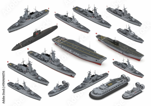 Modern Naval Fleet Isometric View: Collection of Military Ships, Aircraft Carrier, Submarine, Destroyers, and Hovercraft Isolated on White