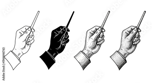 Four hand-drawn illustrations of a conductor's hand holding a baton in different styles